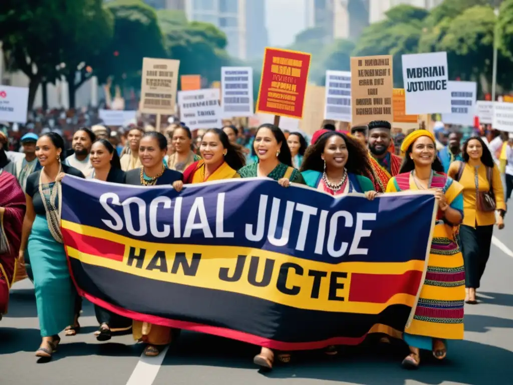 Activistas con tejidos icónicos movimientos sociales marchan con pancartas en protesta, reflejando pasión y diversidad cultural