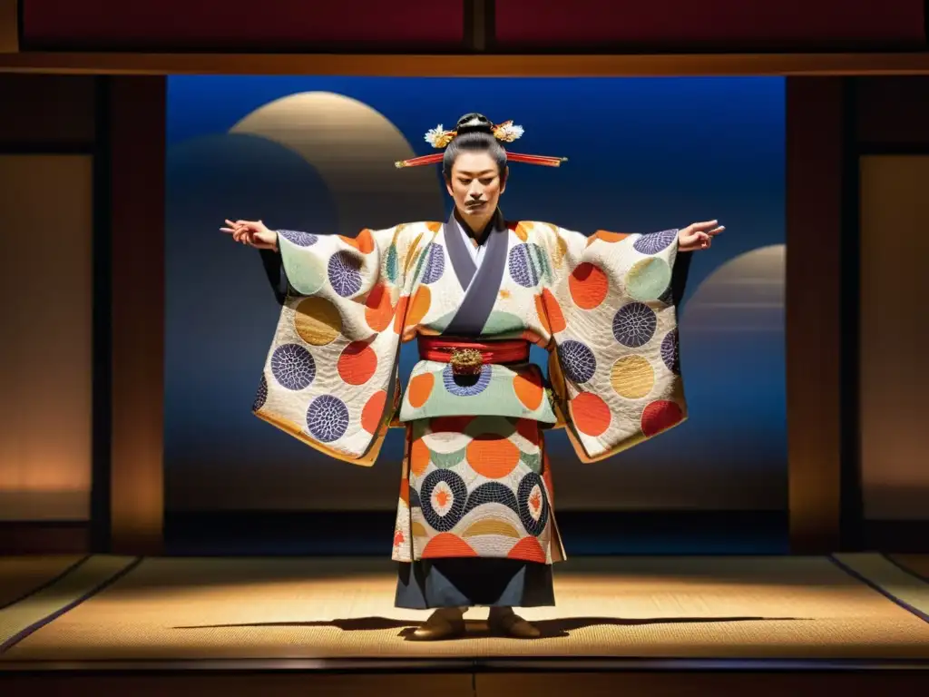 Un actor de teatro Noh japonés con un kimono vibrante y motivos intrincados en el escenario, evocando impacto cultural