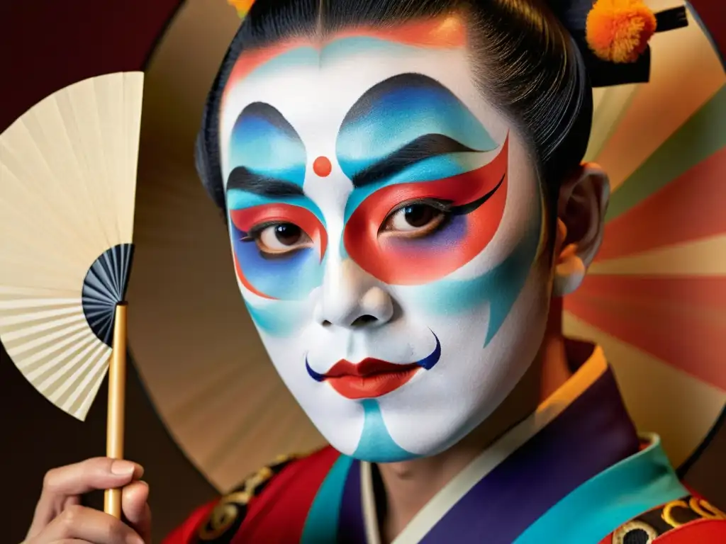 Un actor de teatro Kabuki aplica maquillaje con precisión y arte, mostrando la historia del maquillaje teatral en su rostro detrás de un abanico