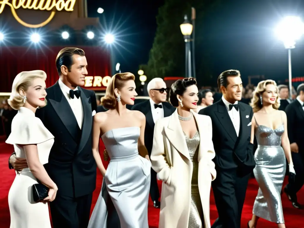 Actores de la era dorada de Hollywood desfilan en alfombra roja con atuendos icónicos, mostrando la influencia del cine en moda