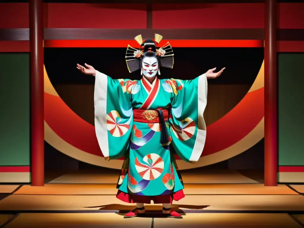 Actores de kabuki con vestuario asiático en escenario, cautivando a la audiencia con movimientos dinámicos y colores vibrantes