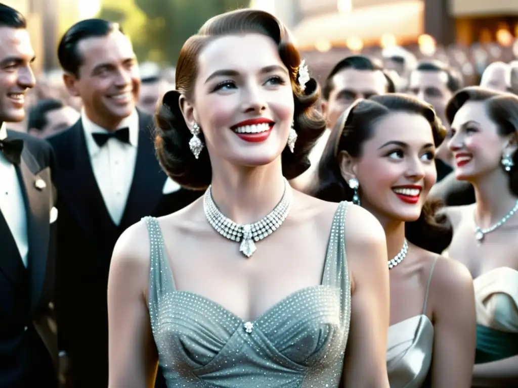 Una actriz de Hollywood en los años 40 deslumbra con joyas en la moda, rodeada de admiradores