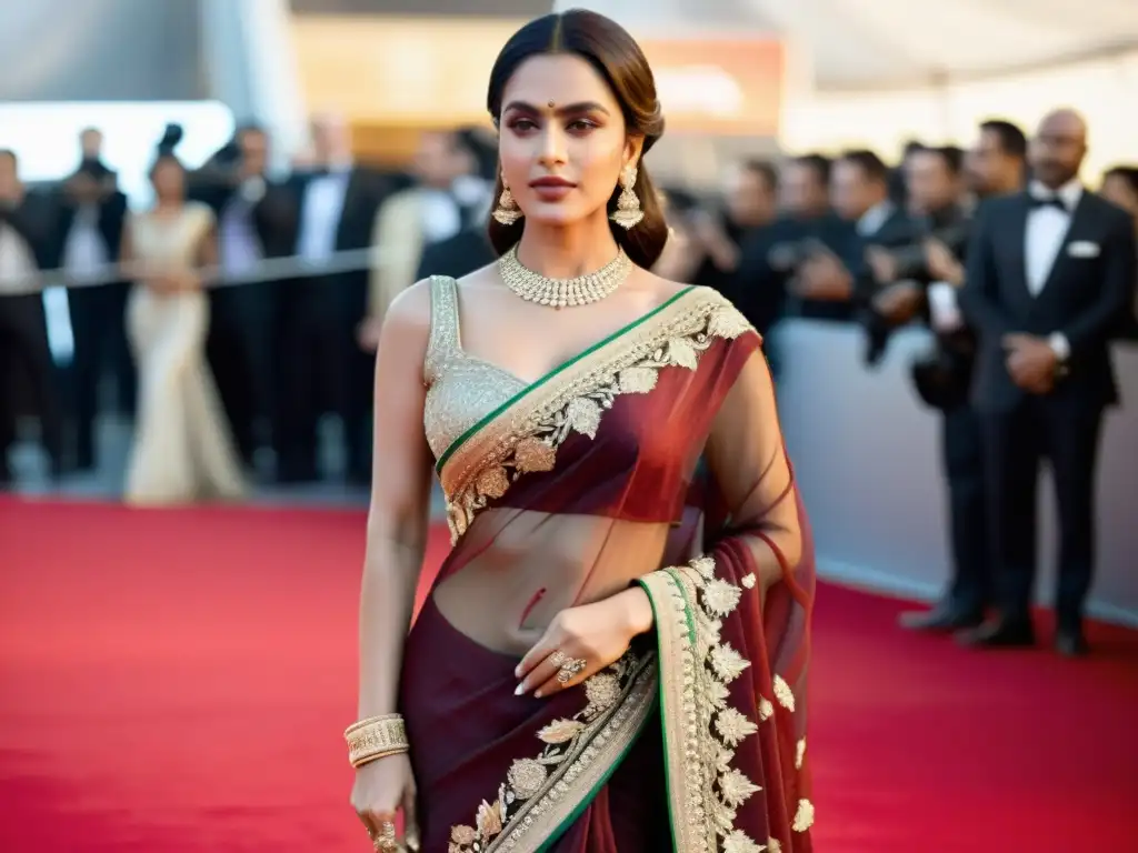 Una actriz de Bollywood deslumbra con un elegante sari, reflejando el impacto de Bollywood en moda occidental