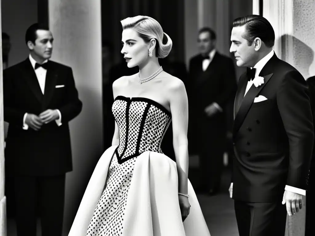 Actriz en vestido Balenciaga, exudando elegancia eterna en escena de película en blanco y negro