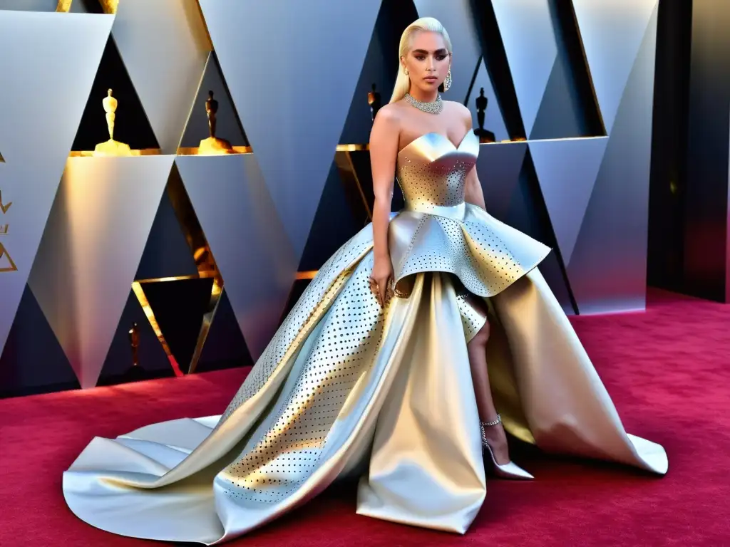 Lady Gaga deslumbra en la alfombra roja con un impresionante vestido de alta costura vanguardista, reflejando su influencia en la moda vanguardia