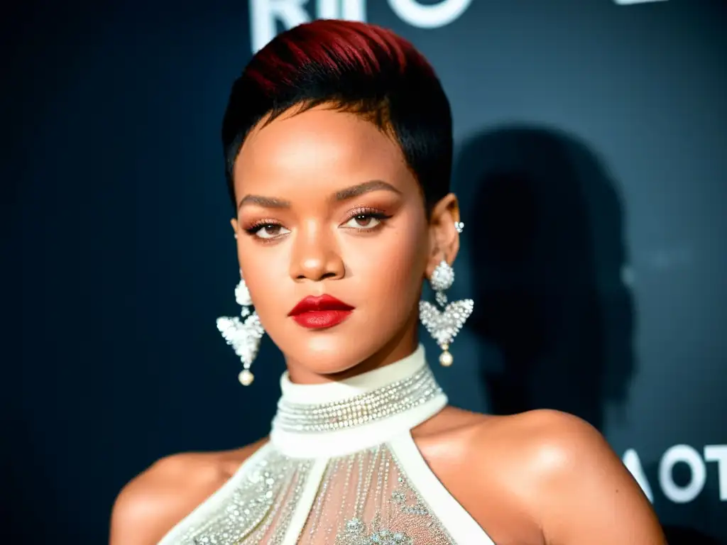 Rihanna deslumbra en la alfombra roja, simbolizando su metamorfosis en moda con un elegante vestido