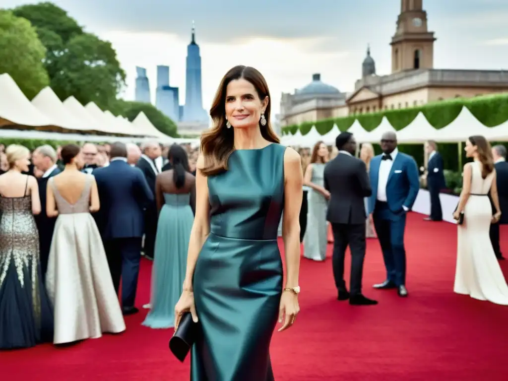 Livia Firth en la alfombra roja con moda sostenible y diseñadores, impacto cultural urbano