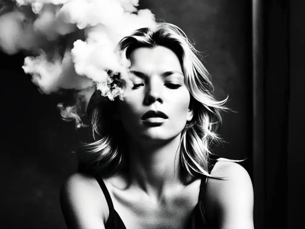 Kate Moss en un ambiente de heroína chic, con humo de cigarro, reflejando la moda de los 90s