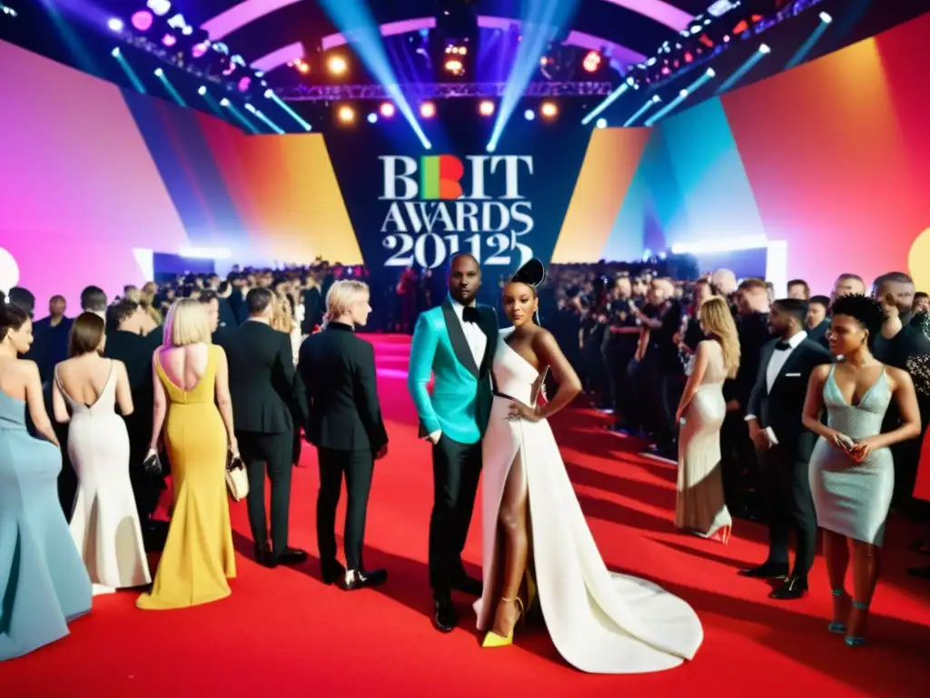 Un ambiente vibrante en la alfombra roja de los Brit Awards, con celebridades luciendo atuendos vanguardistas y futuristas