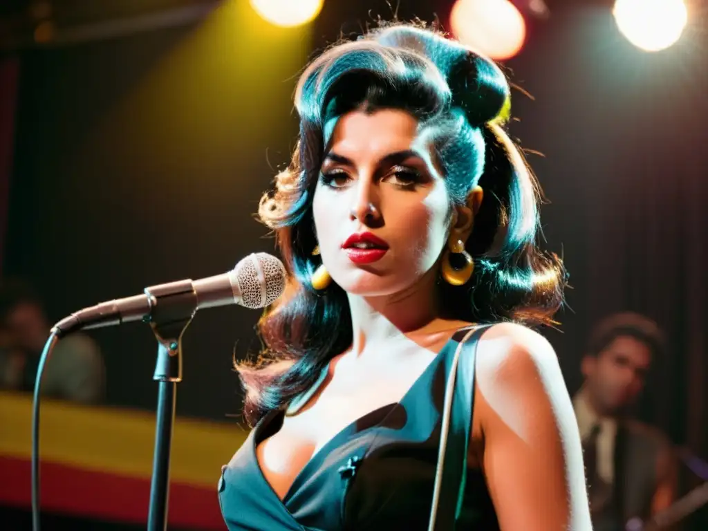 Amy Winehouse cautiva con su estilo retro en el escenario, evocando su legado musical