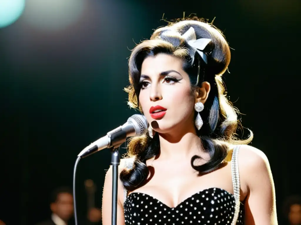 Amy Winehouse irradia estilo retro mientras canta apasionadamente en el escenario