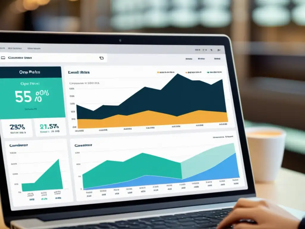 Análisis de campañas de email marketing personalizado moda con gráficos y datos en pantalla, rodeado de artículos de moda elegantes