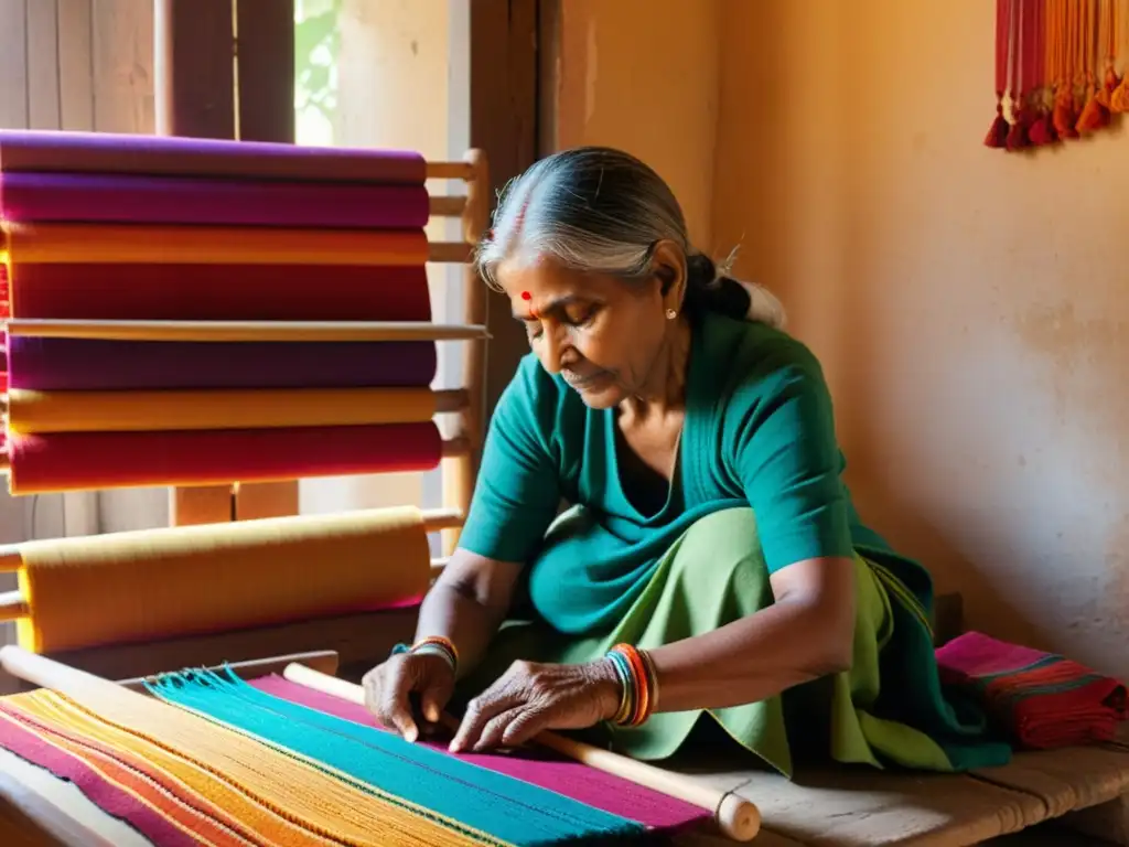 Una anciana tejedora india crea con destreza una colorida tela en un telar tradicional de madera, rodeada de telas y hilos brillantes