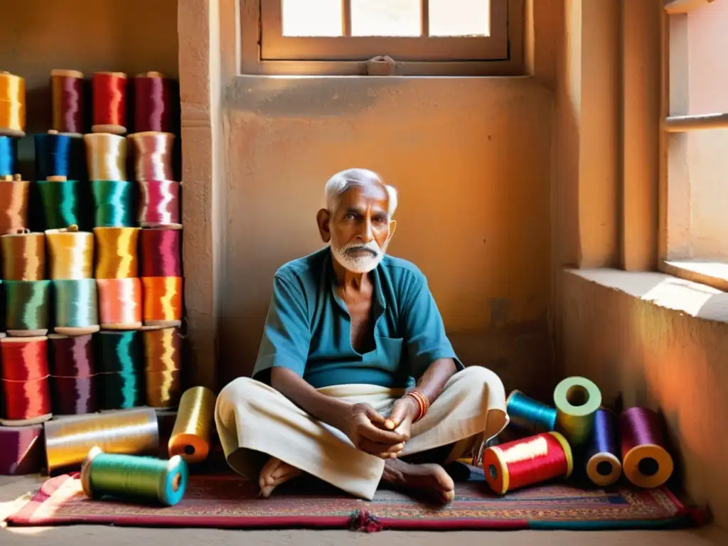 Un anciano artesano textil indio teje con maestría entre hilos de colores vibrantes, rodeado de belleza artesanal y tradición en la India