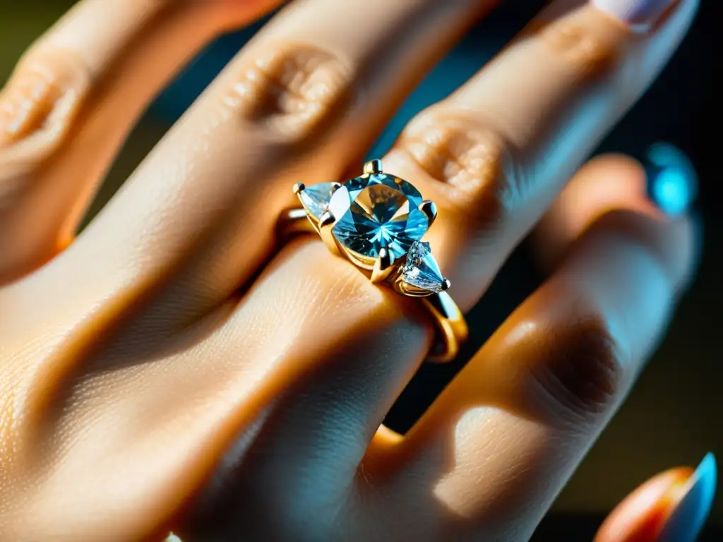 Un anillo de diamantes deslumbrante sostenido por manos elegantes sobre terciopelo, capturando la esencia de la psicología del consumidor joyas lujo