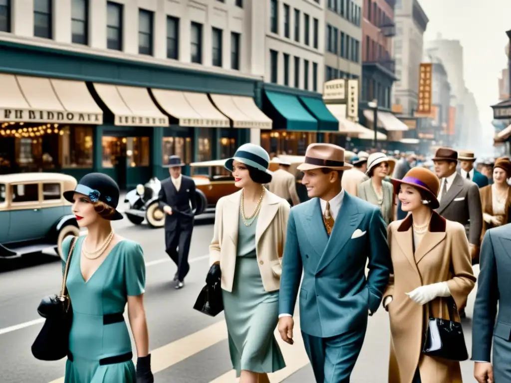 Una animada calle de la ciudad en los años 20, llena de moda y glamour que muestra el impacto cultural de la moda en la historia