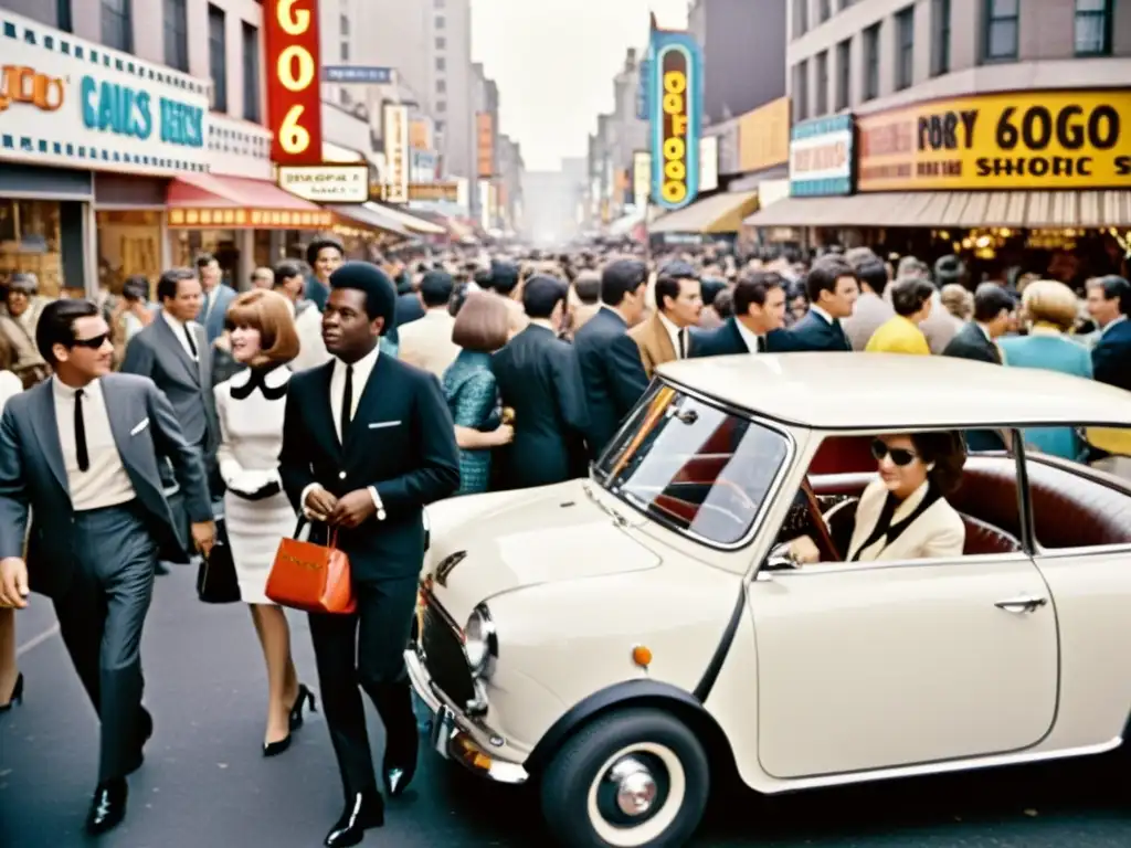 Una animada calle de la ciudad en los años 60, con moda icónica y energía vintage