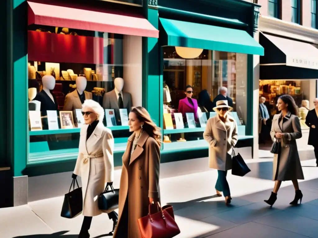 Una animada calle de la ciudad llena de moda, reflejando el impacto psicológico de las tendencias de moda en diversas edades y culturas