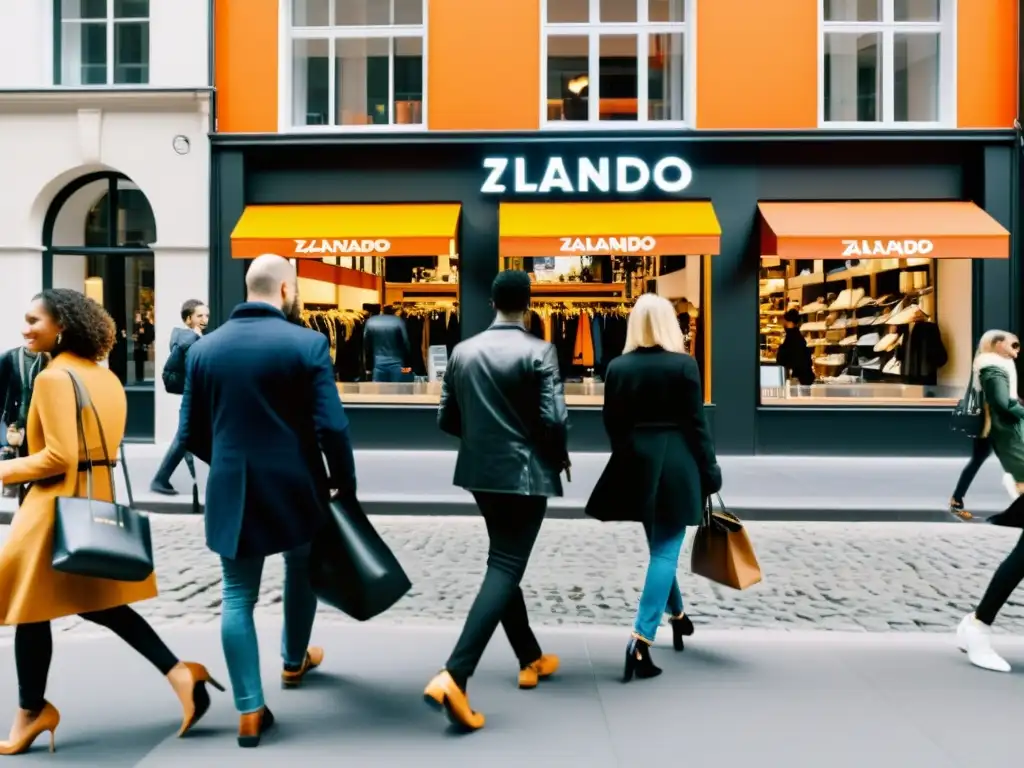 Una animada calle europea con moda y tecnología, reflejando la influencia de Zalando en la moda europea