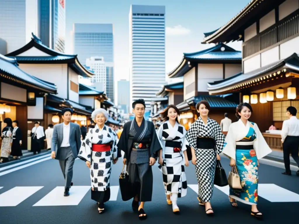 Una animada calle de Tokio, Japón, muestra la fusión de kimonos tradicionales y moda contemporánea