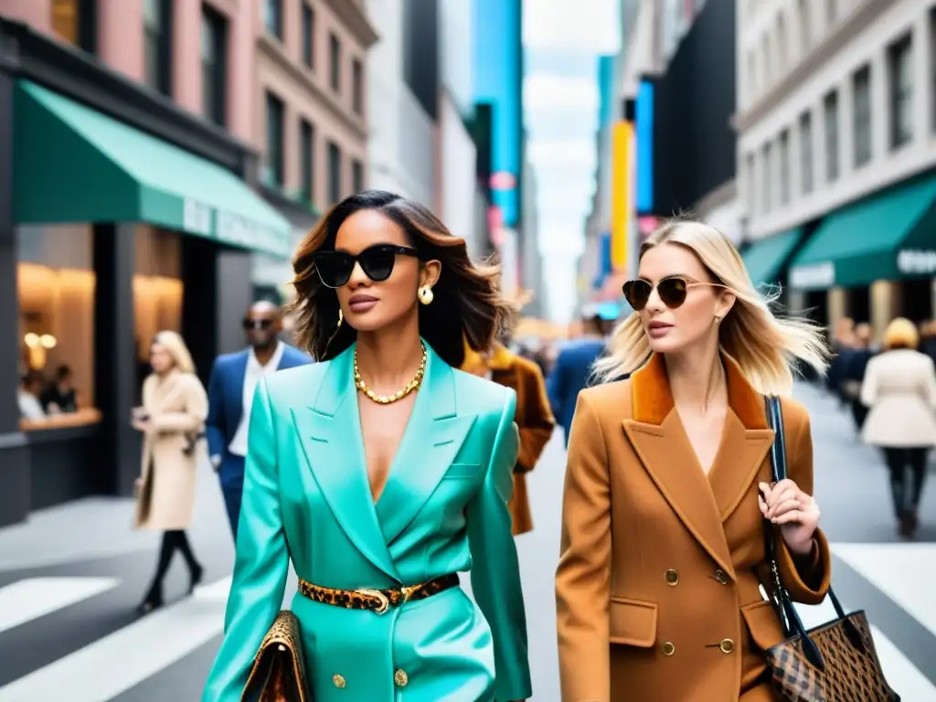 Una animada calle de moda durante la semana de la moda, con asistentes elegantes, escaparates vibrantes y conversaciones animadas