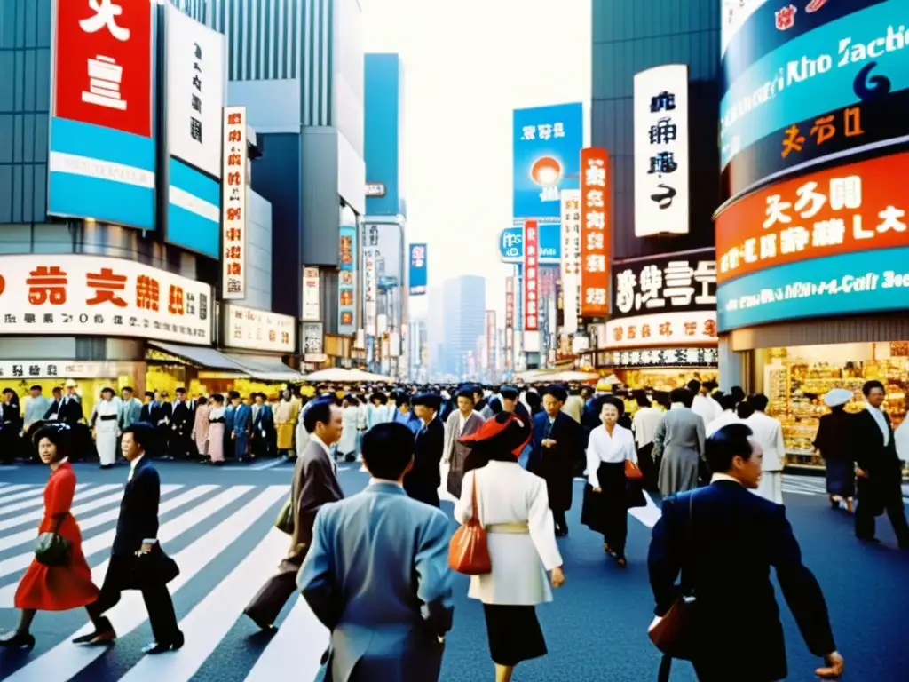 Una animada calle de Tokio del siglo XX con moda tradicional y moderna