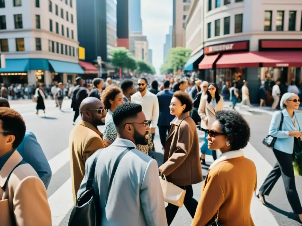 Una animada intersección en la ciudad muestra la influencia del vestir en interacciones entre personas de distintos estilos y culturas