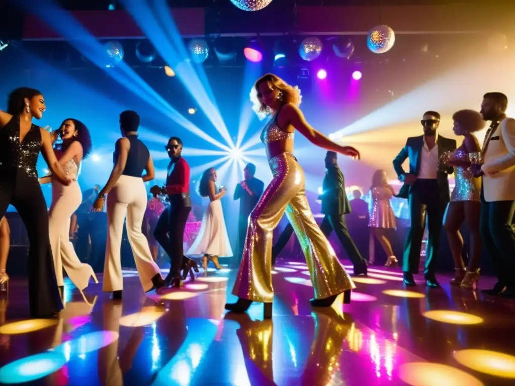 Una animada discoteca llena de gente vestida con glamorosos atuendos de lentejuelas bailando bajo relucientes bolas de disco