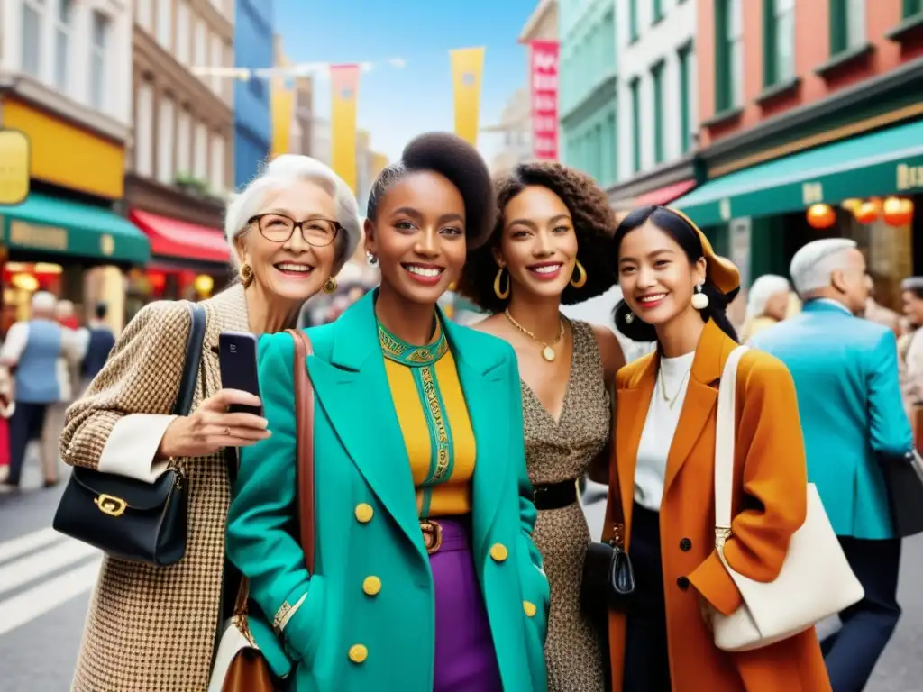 Una animada escena de calle que captura la diversidad de la moda influenciada por las redes sociales y su impacto cultural