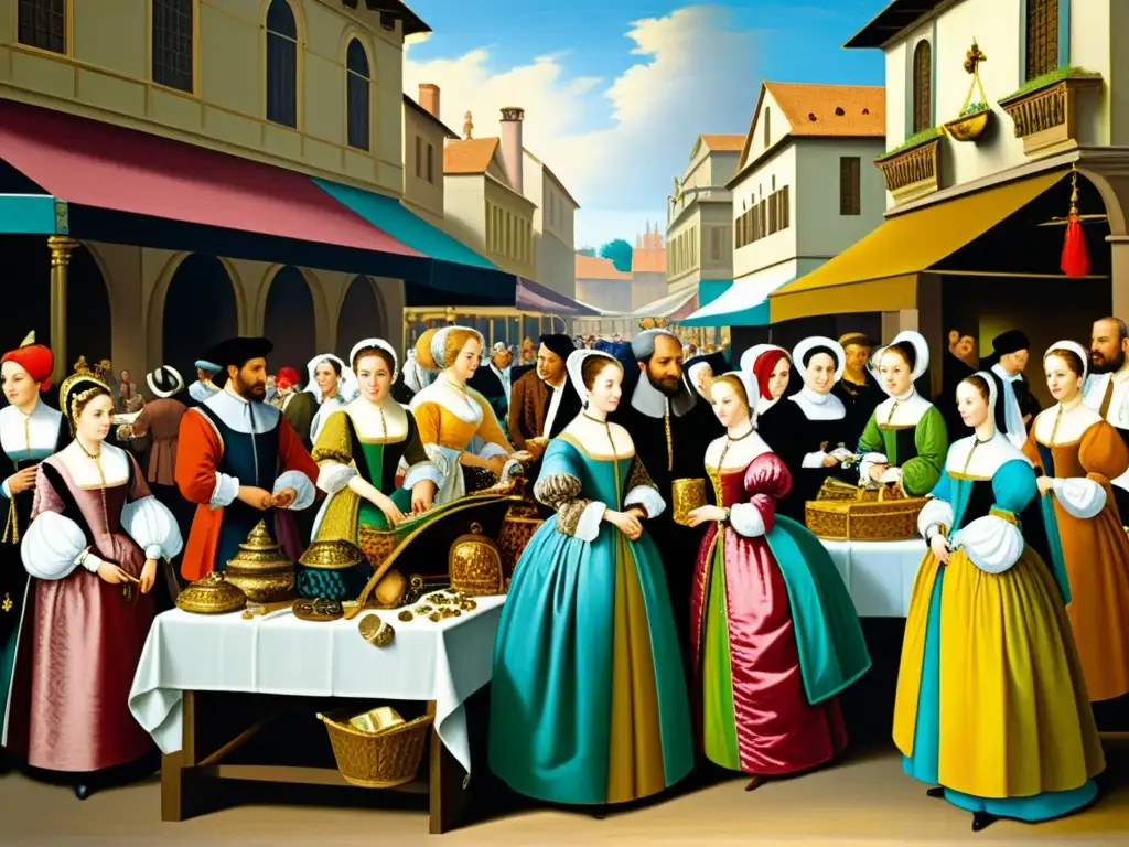 Una animada pintura al óleo del Renacimiento que muestra un bullicioso mercado de moda, con elegantes figuras admirando las tendencias de la época