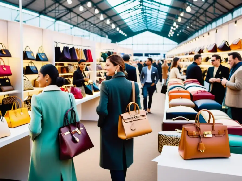 Un animado mercado de moda con bolsas de edición limitada, vendedores y compradores, colores vibrantes y texturas contrastantes