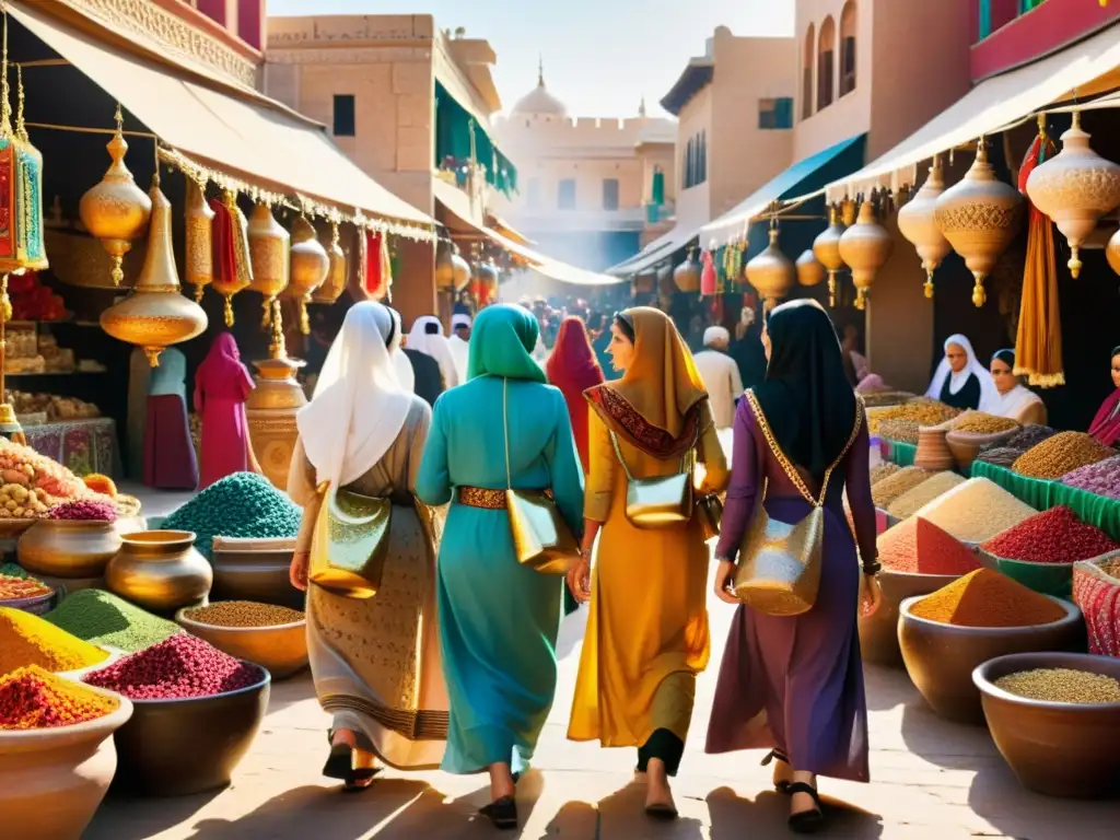 Un animado mercado del Medio Oriente, con mujeres vistiendo vestuario histórico del Medio Oriente rodeadas de textiles y especias