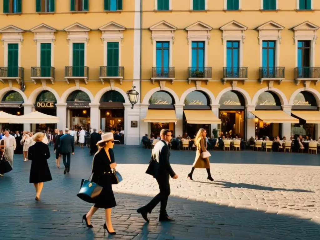 Un animado paseo por una plaza italiana, donde el impacto cultural de Dolce & Gabbana se fusiona con la elegancia atemporal y la energía moderna