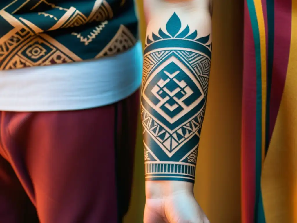 Un antebrazo con tatuajes entrelazados en patrones de moda y cultura, evocando una historia cultural de expresión personal