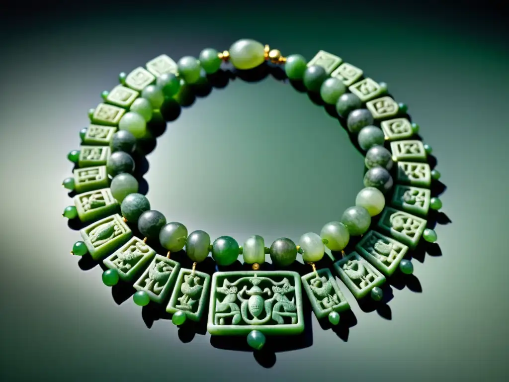 Una antigua y detallada imagen en alta resolución de un collar de jade maya, con motivos simbólicos, usado por un líder en un ritual sagrado