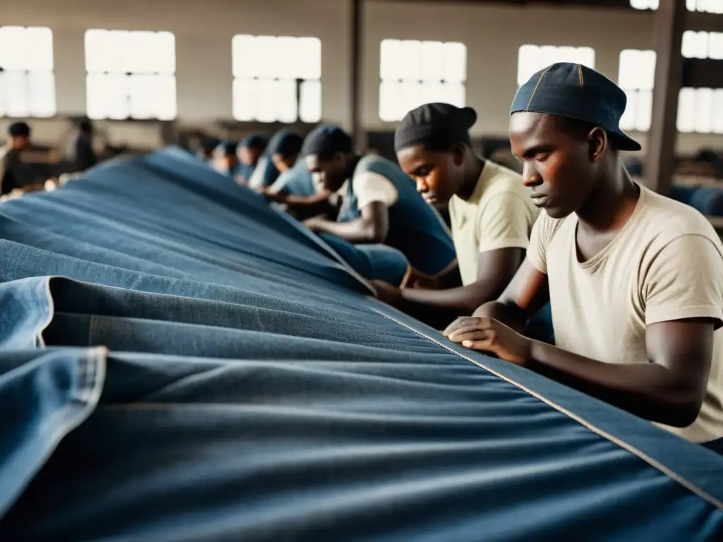 Antigua fábrica de denim con obreros del siglo XIX