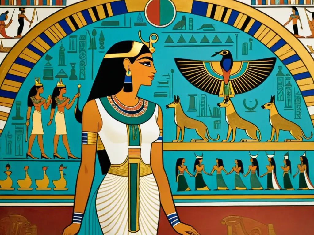 Una antigua pintura mural egipcia muestra a Cleopatra rodeada de cortesanos, exudando elegancia atemporal y opulencia