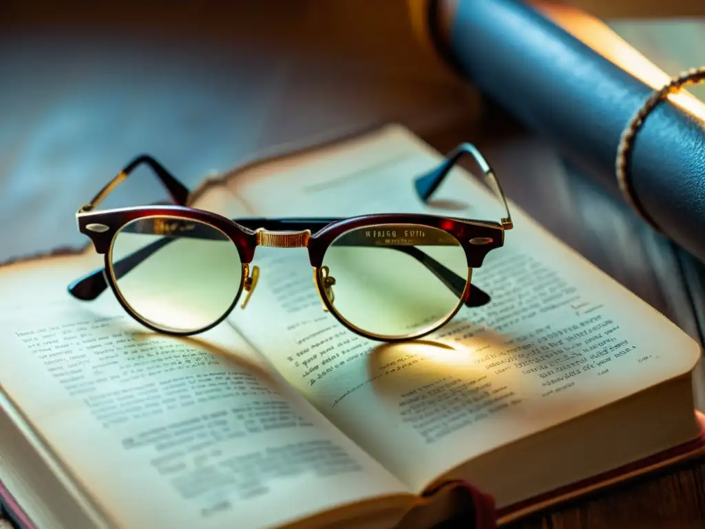 Antiguas gafas de alambre sobre libro desgastado en biblioteca, reflejando impacto cultural de las gafas