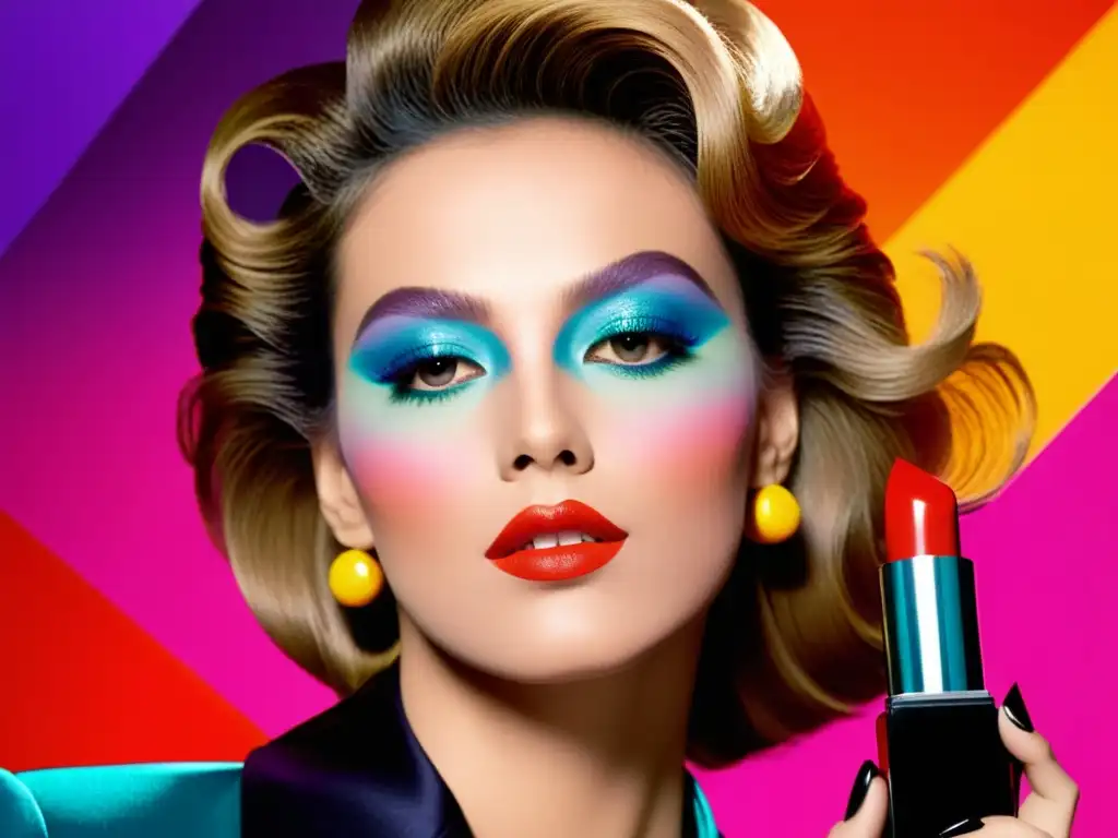 Anuncio de cosméticos de los años 80 con colores vibrantes, maquillaje exagerado y peinados dramáticos, reflejando los excesos cosméticos de la época