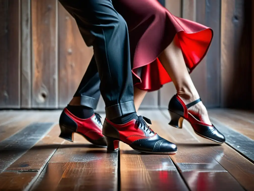 Un apasionado paso de tango en zapatos de cuero rojo y negro sobre piso de madera desgastada, destacando el impacto cultural del tango en la moda