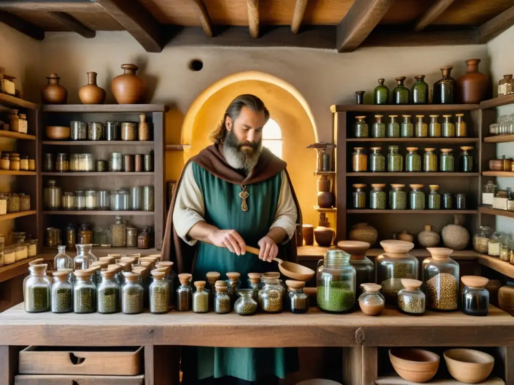 Un apotecario medieval prepara ingredientes con cuidado en su taller iluminado por velas