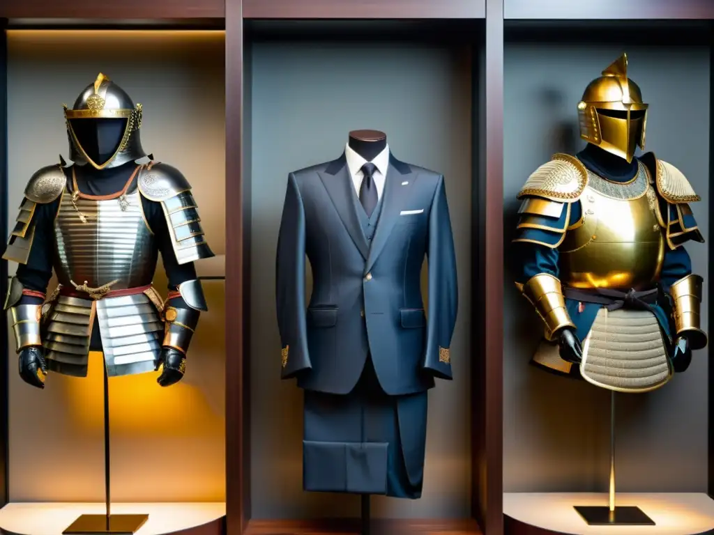 Comparación de armadura samurái tradicional y traje de negocios occidental en museo: evolución del traje desde Japón