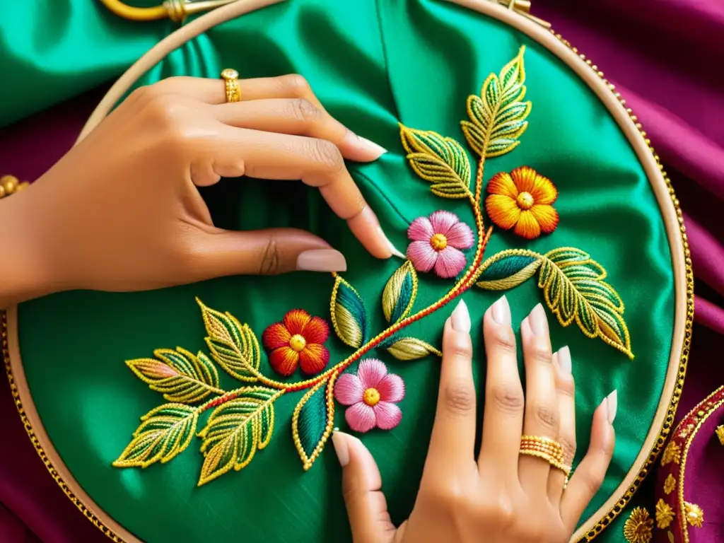 Arte de la bordaduría india: Un artesano borda patrones detallados en un vibrante tejido, mostrando la exquisita artesanía y tradición