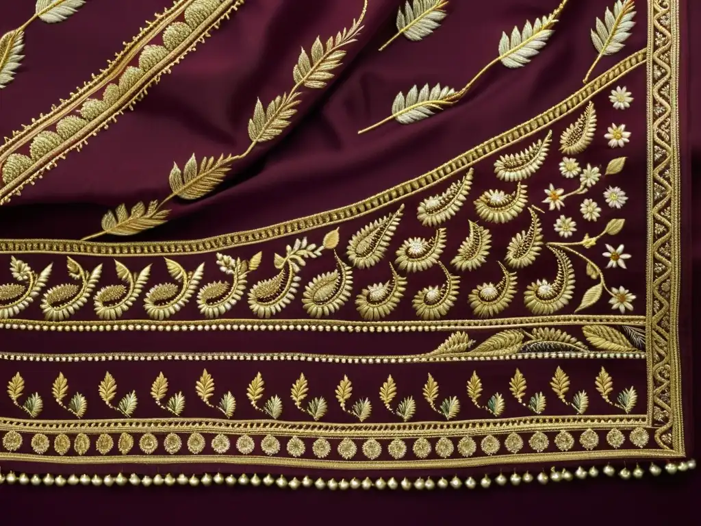 Arte de la bordaduría india: Sari marrón con bordado zardozi dorado, motivos tradicionales de la India como pailletes, flores y pavos reales