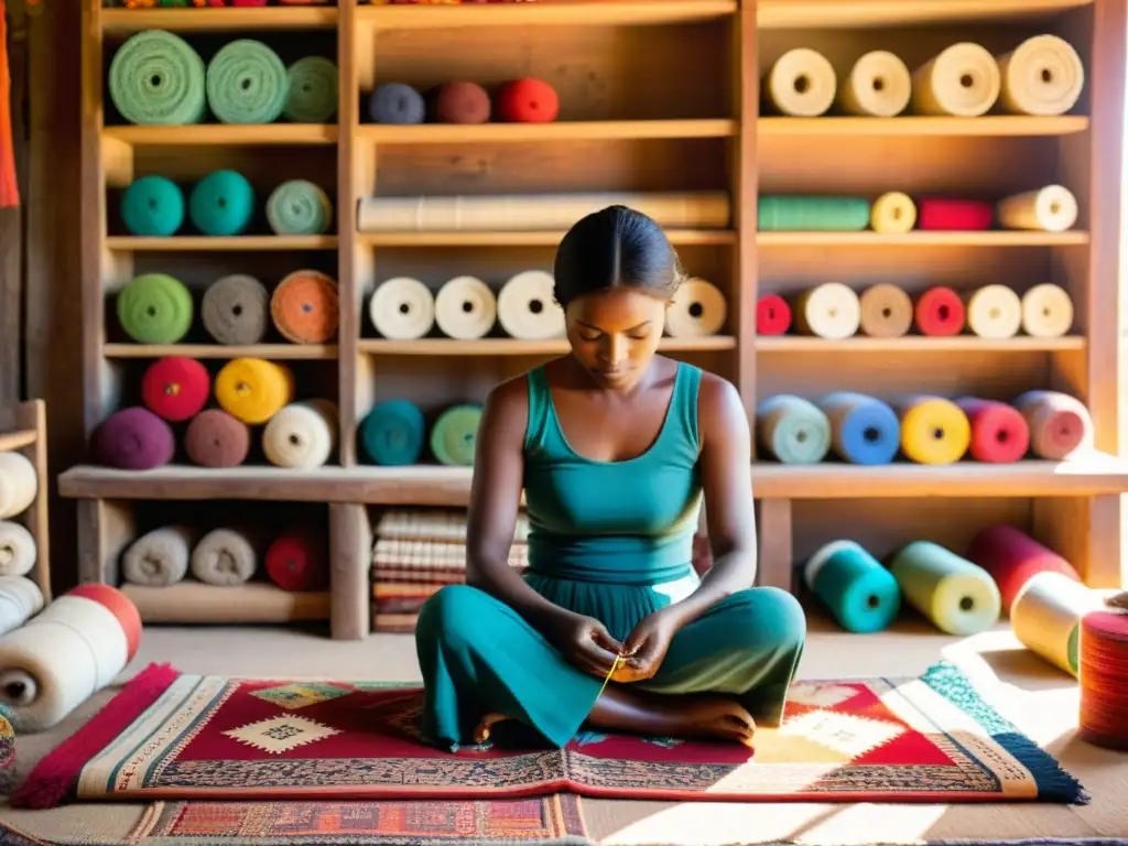 Una artesana hábil cosiendo con cuidado en un ambiente cálido y vibrante, reflejando impacto cultural, moda sostenible y tradición artesanal