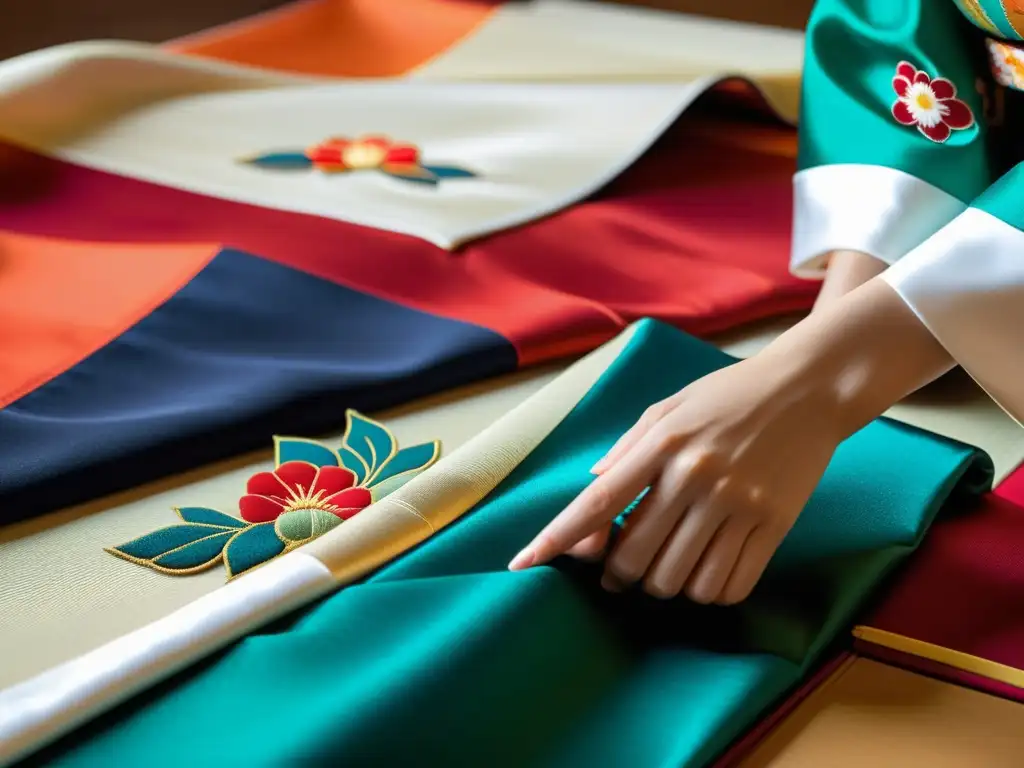 Artesana japonesa confeccionando con meticulosidad un kimono tradicional