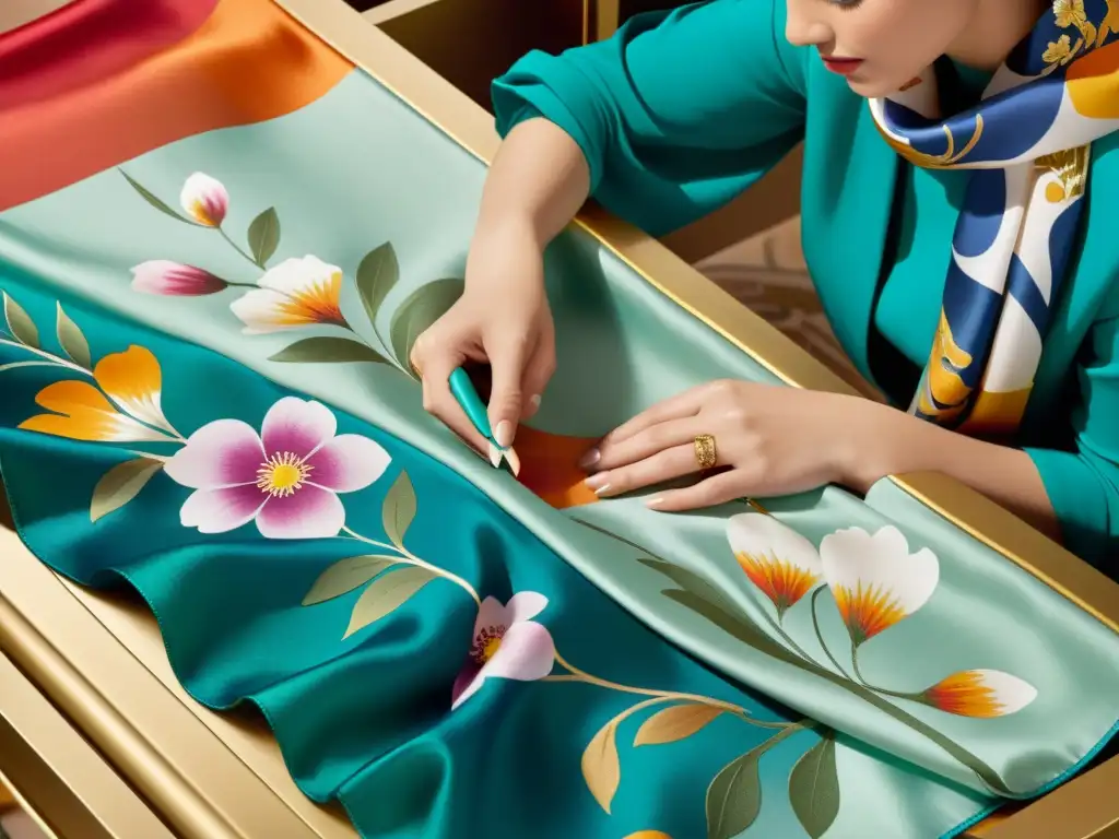 Artesana pintando a mano diseños florales en pañuelo de seda exclusivo Ferragamo, mostrando meticulosidad y color vibrante en atelier