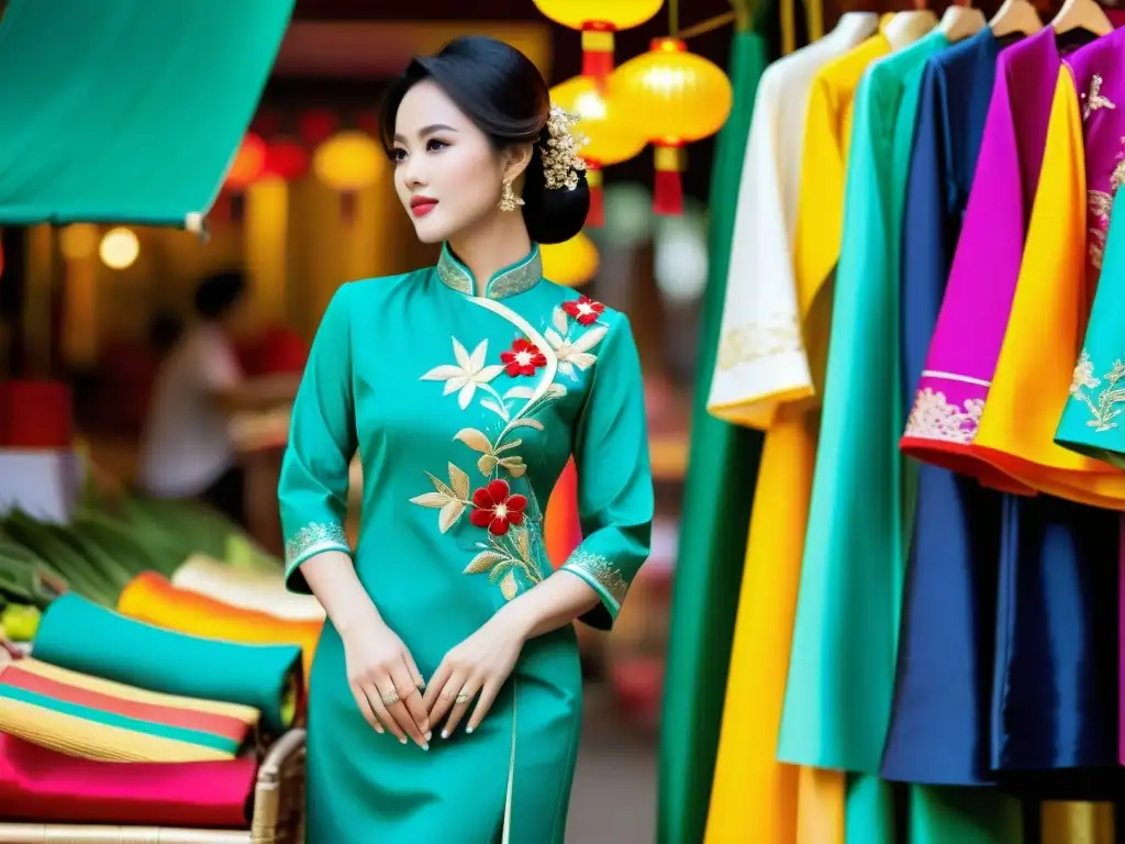 Artesana crea a mano un hermoso Ao Dai Vietnamita en vibrante mercado, capturando la evolución del Ao Dai Vietnamita y su significado cultural