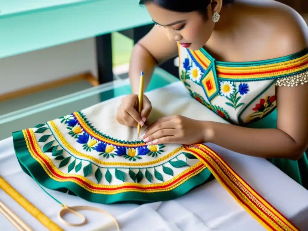 Artesana bordando a mano un moderno traje Filipiniana, fusionando patrones indígenas y siluetas contemporáneas, en evolución de la moda filipina moderna