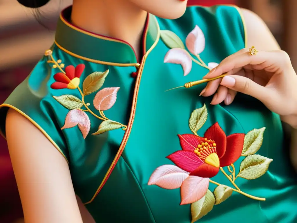 Artesana bordando a mano un qipao tradicional chino, capturando la elegancia y la transformación de la prenda con detalles florales vibrantes